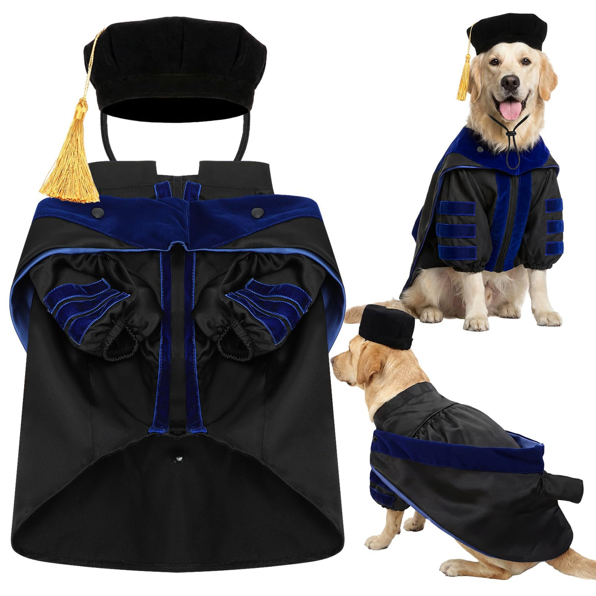 Huhumy 3 Pcs Dog Cat Graduation Doctoral Costume Set, 2026 Pet Graduation Cap and Deluxe Doctoral Gown with Hood Side Tam Puppy Kitty Dogs Cats Grad Holiday Party Costume Accessory(Black Blue,M)