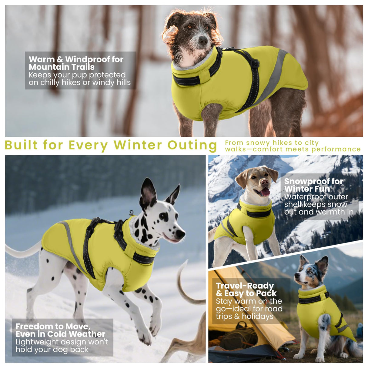 QBLEEV Large Dog Coat, Big Dog Winter Jacket for Large Dogs, XXX-Large Waterproof Cold Weather Snow Vest with Zip & Reflective, Windproof Built-in Harness Warm Fleece Snowsuit Clothes, Green, XXXL