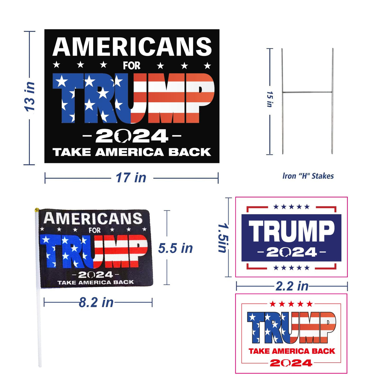 Double Sided 2024 Trump Yard Signs, 17" X 13" Trump 2024 Yard Sign, Take America Back Trump Signs for Yard Metal H-Frames, 2pcs Small Trump Flag, 4pcs Trump Tattoos