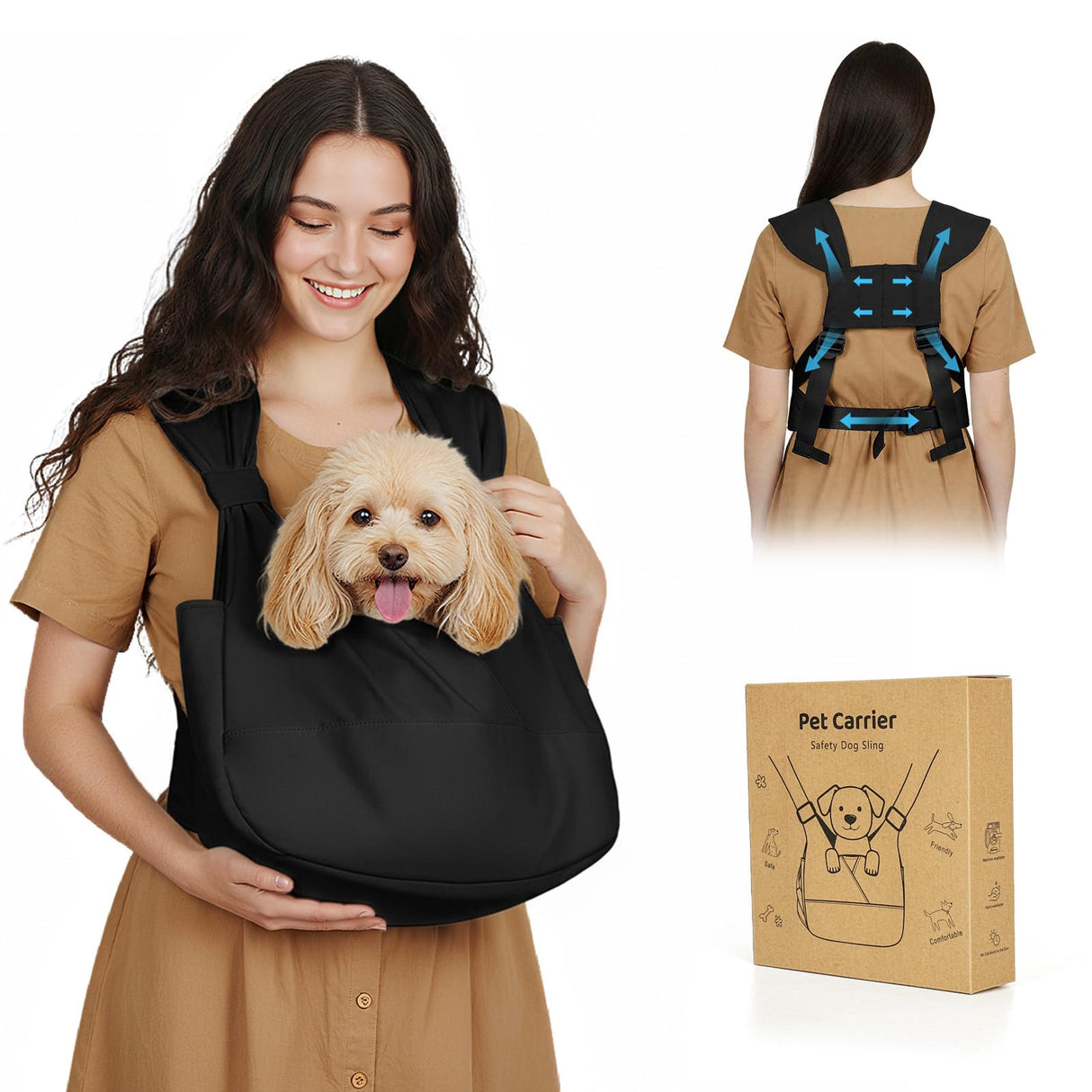 Dog Sling Carrier for Small Dogs with Bottom Support, Adjustable Pet Front Dog Carrier-Padded Straps Reducing Back Neck Pain, Anti-Anxiety Backpack for Travel Hiking Camping, Hands Free (Black,S)