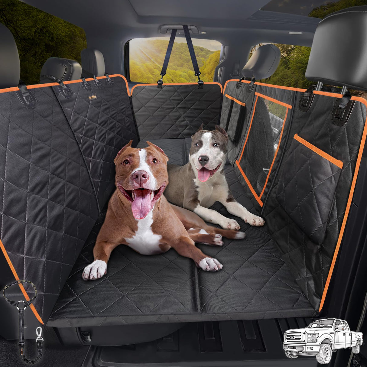 iBuddy Truck Seat Extender for Dog Hard Bottom Seat Cover Split Design Offer Large Space Protects Leather Seat from Scratch, Hair, Waterproof Pickup Truck Seat Cover for Silverado/GMC/Ram/F150 F250