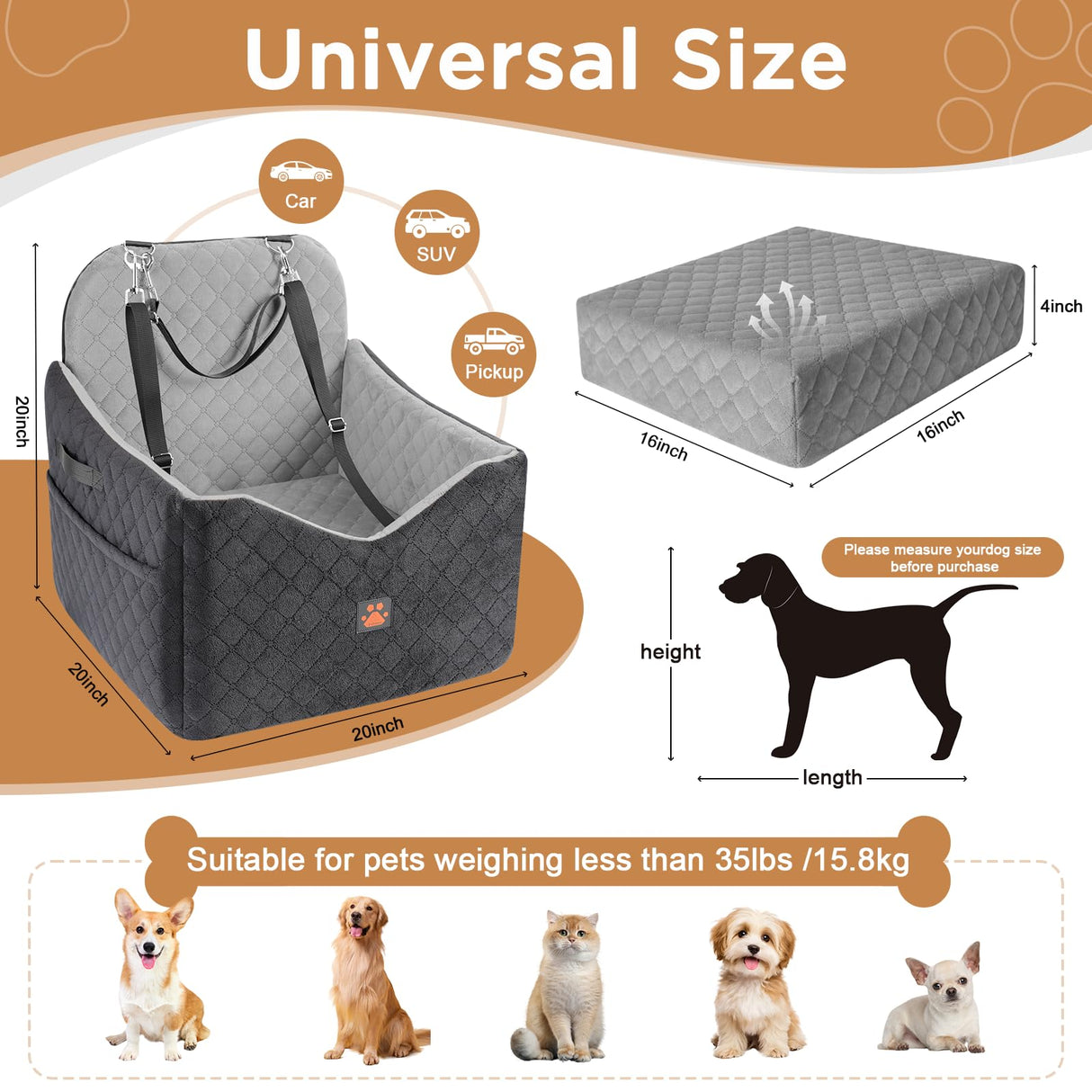 Dog Car Seats for Small/Medium Dogs, Puppy Car Seat with Thick Cushion, Detachable Washable Dog Carseat with Storage Pockets for Dogs Up to 35lbs (Grey)