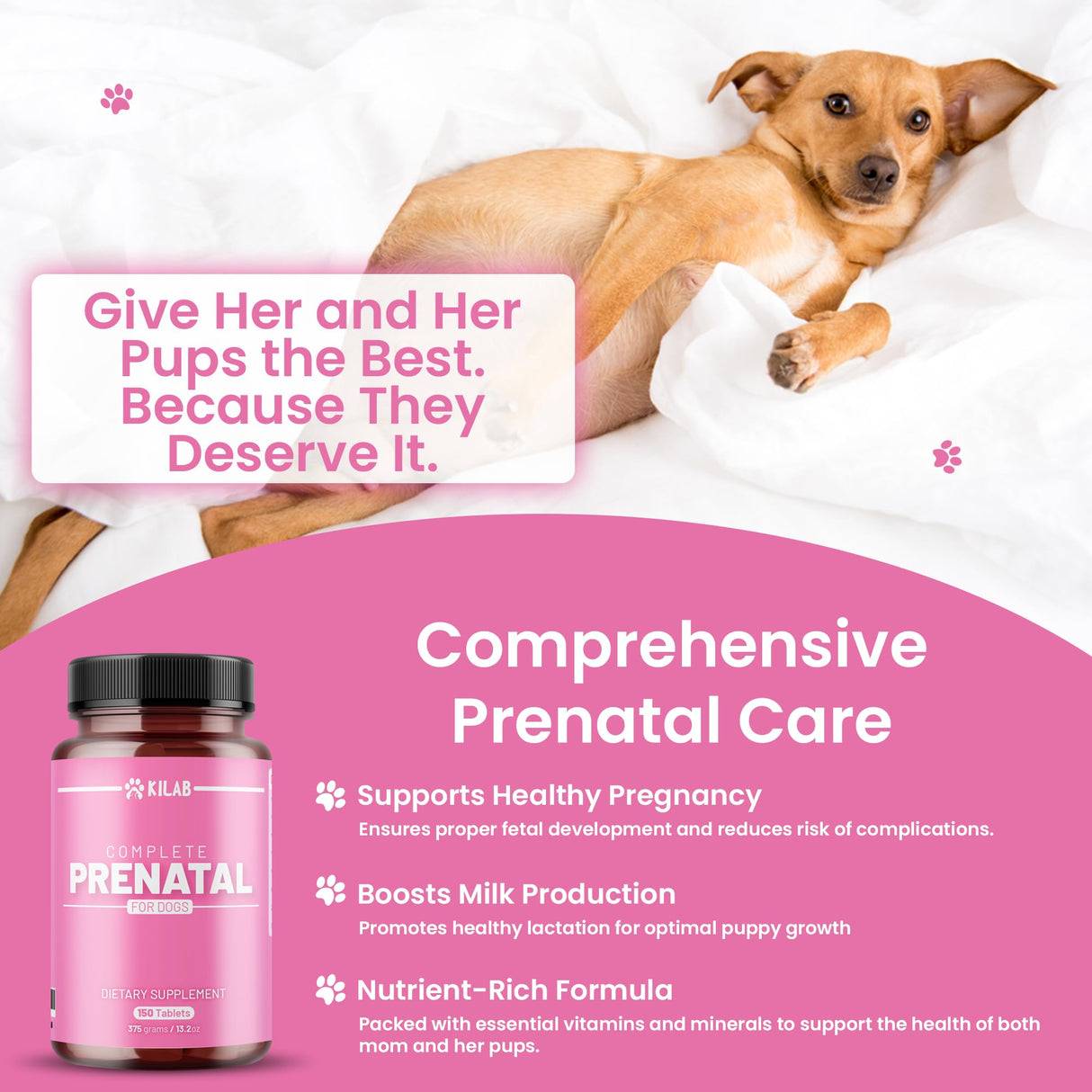 Kilab Complete Prenatal Vitamins for Dogs –150 Tablets with Iron, Choline, Zinc, DHA & Probiotics - Supports Healthy Development & Wellness for Pregnant, Nursing, & Weaning Females