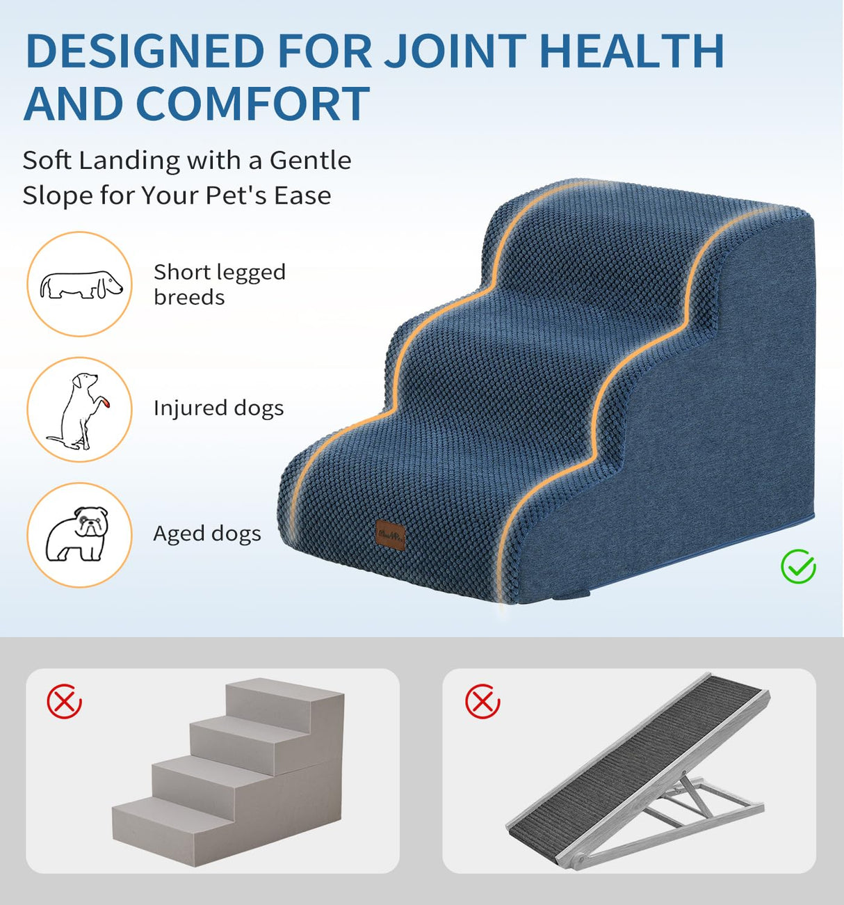 Made4Pets Dog Stairs Ramp for Small Dogs 15.7" H, 3-Step Dog Steps for Bed Couch Sofa and Chair, 35D Foam Pet Steps for Small Dogs and Cats, Non-Slip Bottom Pet Stairs, Navy