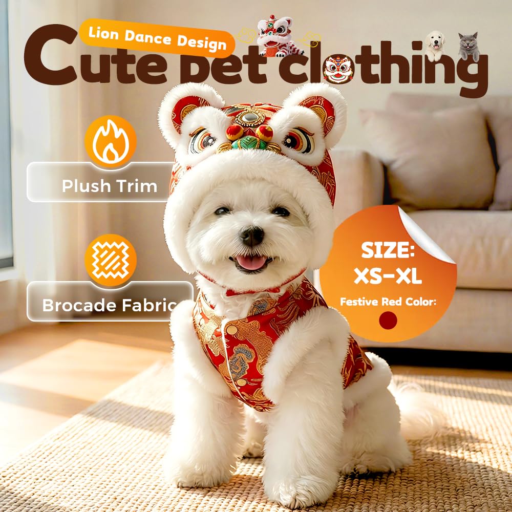 Cute Dance Lion Pet Costume with Red Sequins New Year Cat Dog Clothes Hoodies Coat Chinese Lion Dance Dog Costume, Spring Festival Pet Outfit (X-Small)