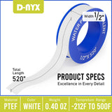D-NYX 1, 4 or 5 Rolls 1/2 Inch(W) X 520 Inches(L) Teflon Plumbers Tape, Duct Sealant Tape for Shower Head, Plumbing Thread Tap, Water Pipe Sealing Plumbers PTFE Thread Seal (1 Pack)