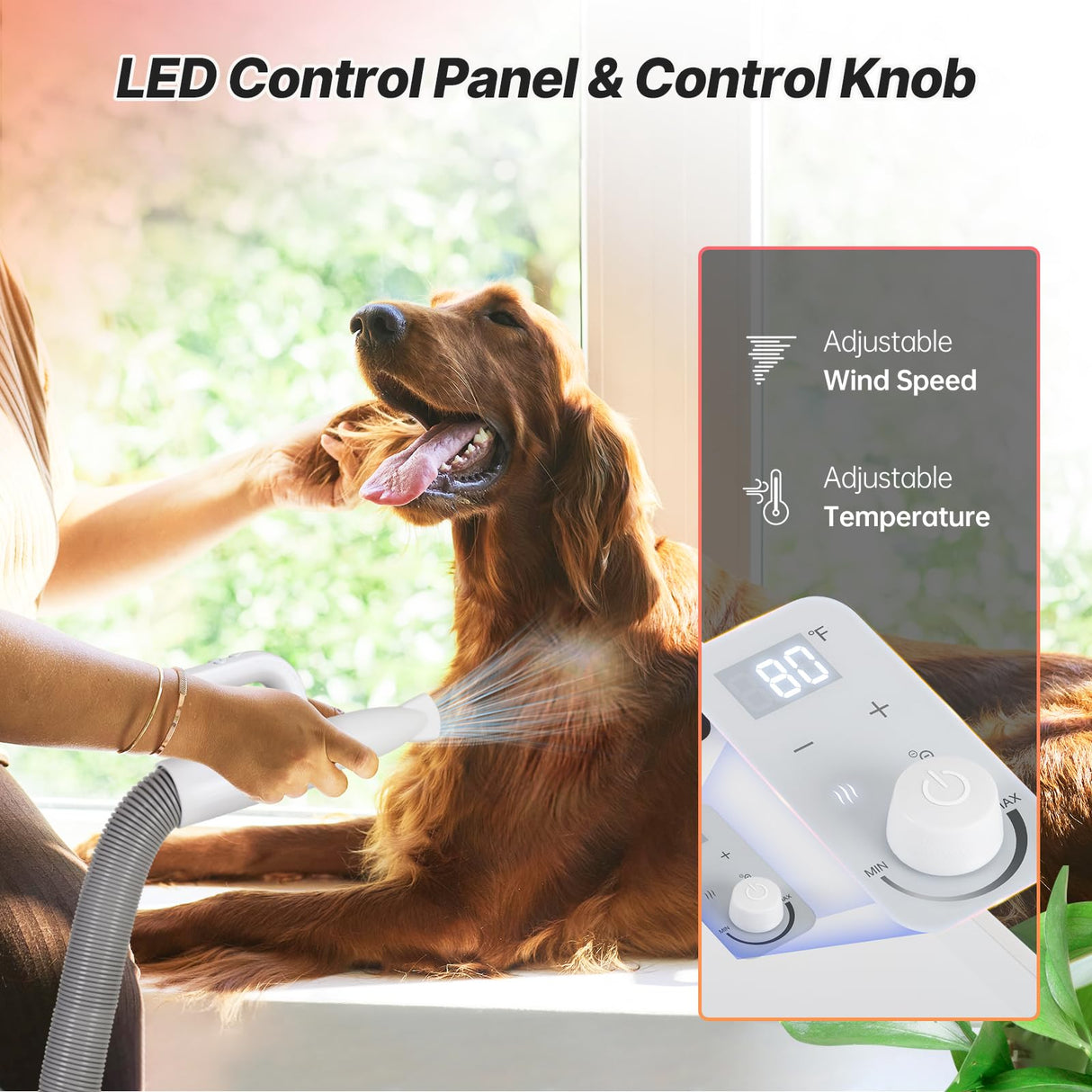PUPIHOM Pet Hair Dryer, Dog Hair Blower for Grooming with Adjustable Airflow & Temperature Control, Smart Pet Dryer with LED Screen, 3 Nozzles, Dog Blow Dryer with High Velocity Negative Ion Motor
