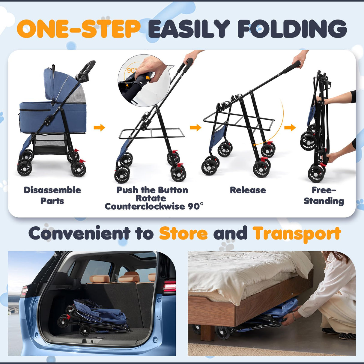 Dog Stroller, 4 Wheels Pet Stroller for Small & Medium Dogs, One-Click Foldable Cat Strollers Up to 45 Ibs with Storage Basket, Cup Holder and Breathable Mesh