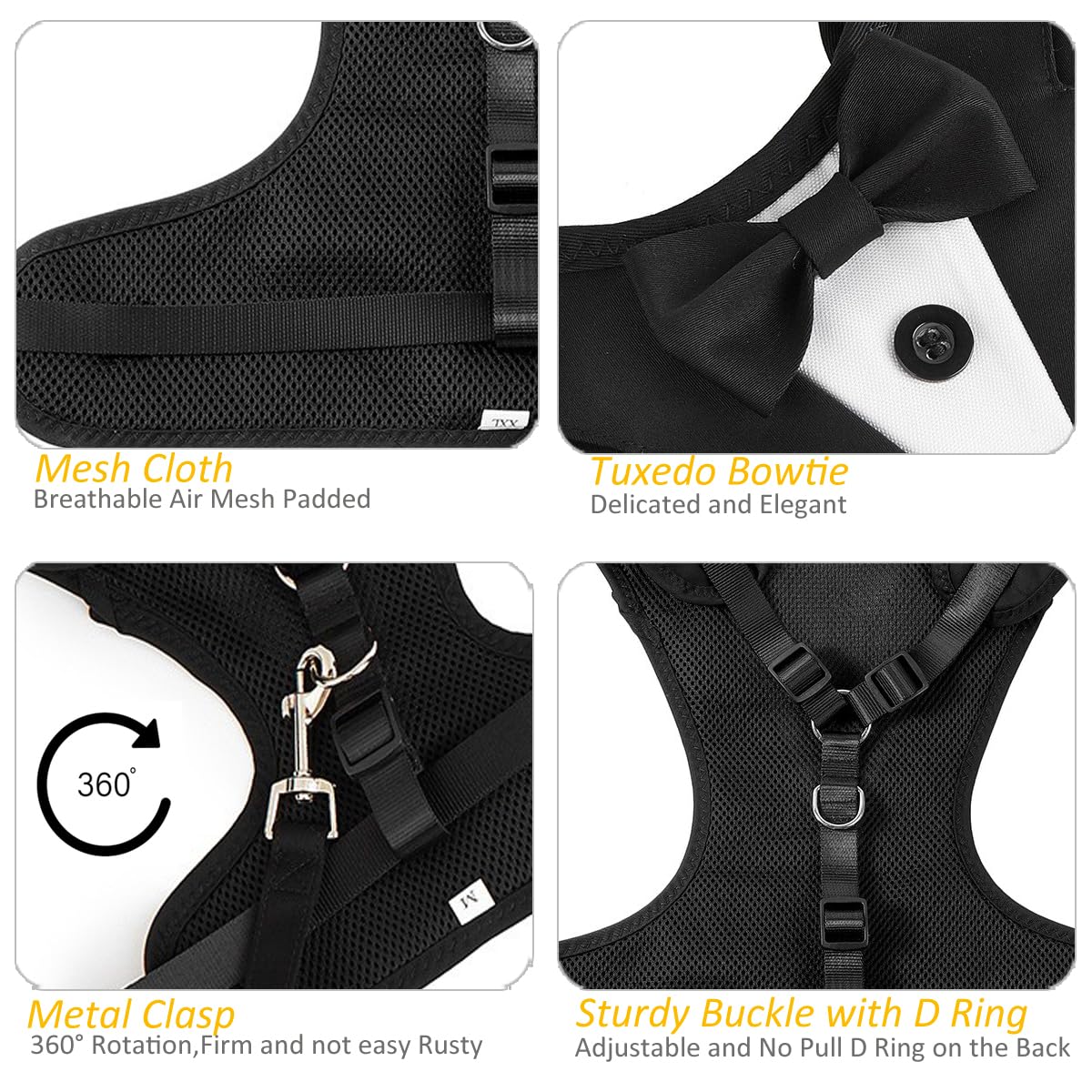 PawPleasure Dog Tuxedo Harness, Adjustable Pet Harness No Pull for Small Medium Dogs, Doggie Wedding Suit with Bow Tie Party Costume (Black, XL)
