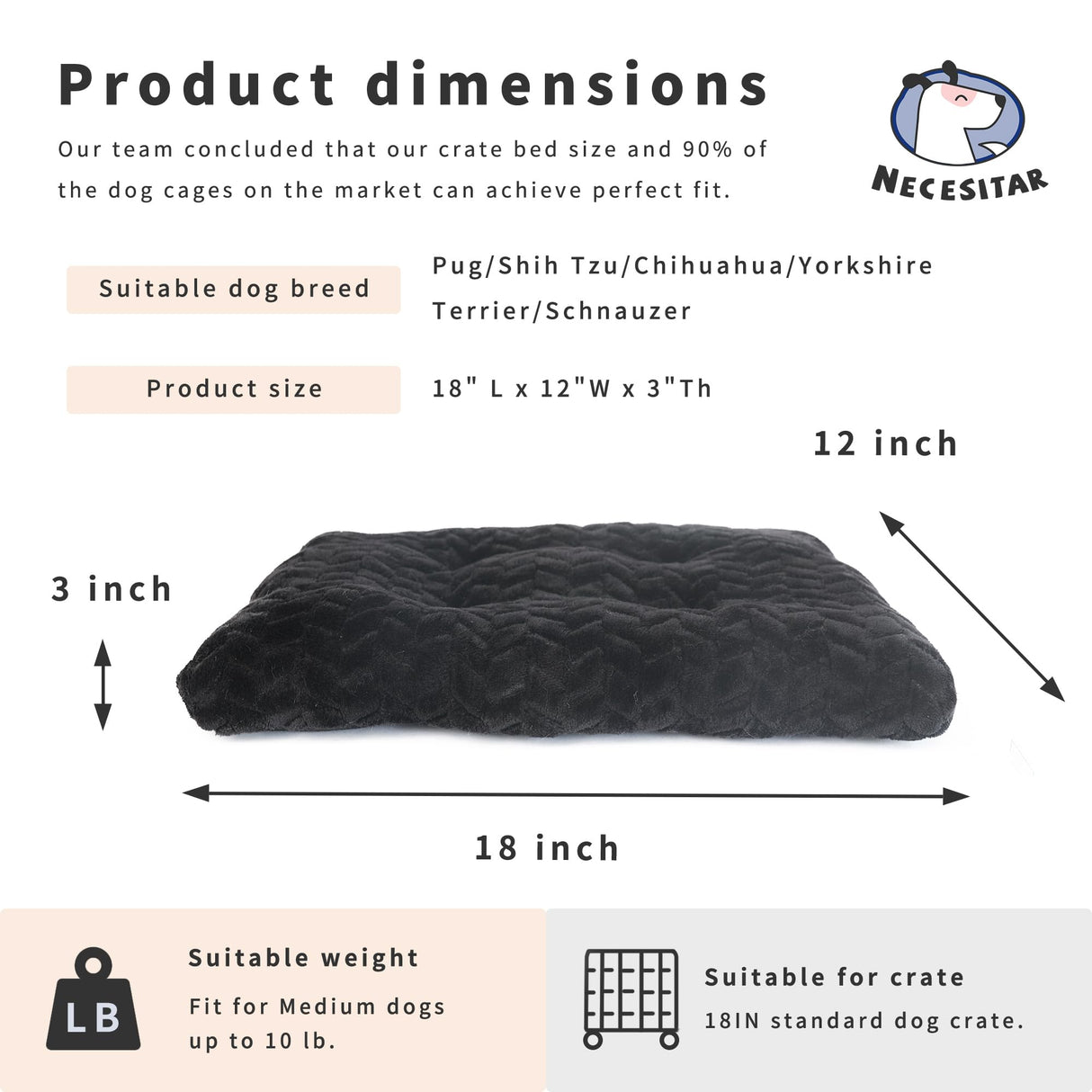 Dog Crate Mat for Dog Cages Black Dog Bed for Small Dogs 18 Inch Dog Crate Bed Washable Dog Mats for Sleeping,Up to 10 lbs Soft and Fluffy Small Dog Bed for Crate Tire Printing Black