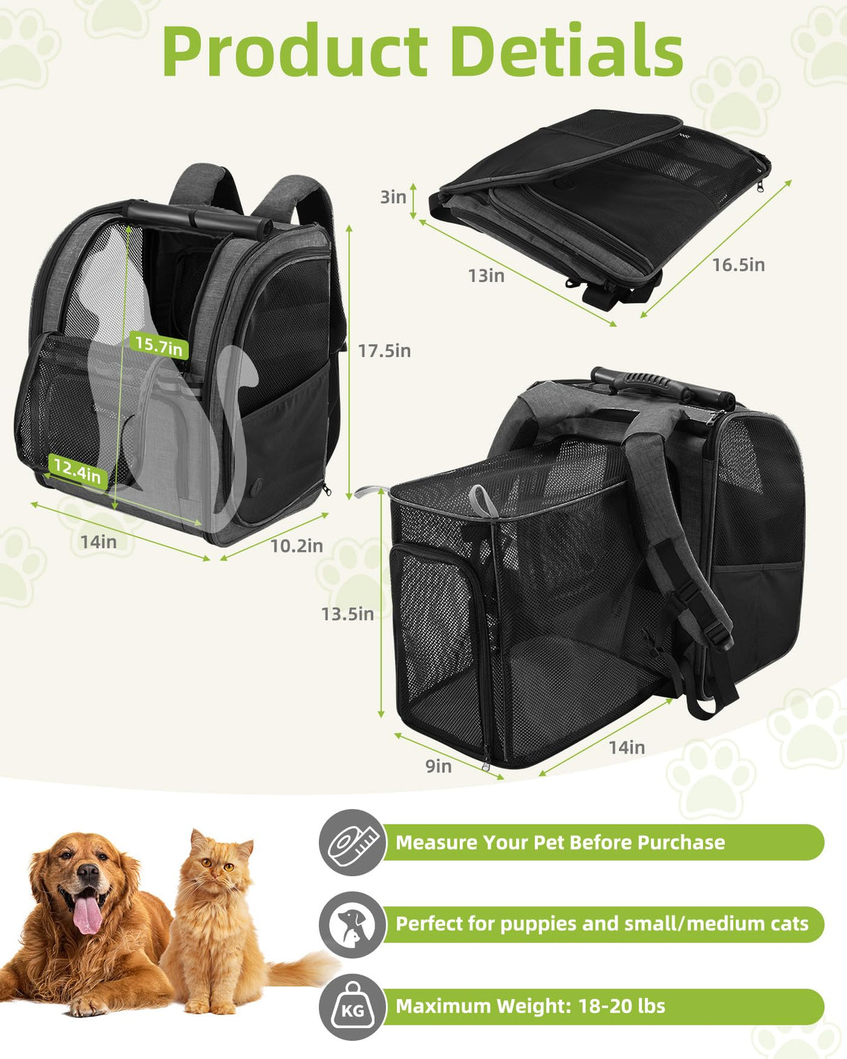 Expandable Cat Carrier Backpacks with Breathable Mesh, Pet Carrier Backpack for Cats Small Dogs Puppies Up to 20 Lbs, Dog Carrier Backpack Great for Travel/Hiking/Camping/Outdoor-Grey with Orange