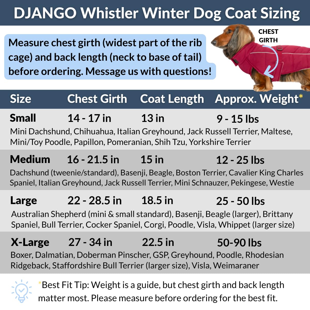 DJANGO Insulated Winter Dog Coat – Warm, Water-Repellent Puffer Jacket for Small Dogs, Dachshunds & Puppies – Adjustable, Reflective Cold-Weather Dog Coat with Harness Hole – Firelight Red, Small