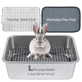 MEEXPAWS Rabbit Litter Box Stainless Steel, Large Bunny Litter Box with Raised Grid and Washable Pee Pad, Metal Litter Pan High Side for Rabbit,Small Animal Toilet Potty Tray Easy Cleaning,Less Stink