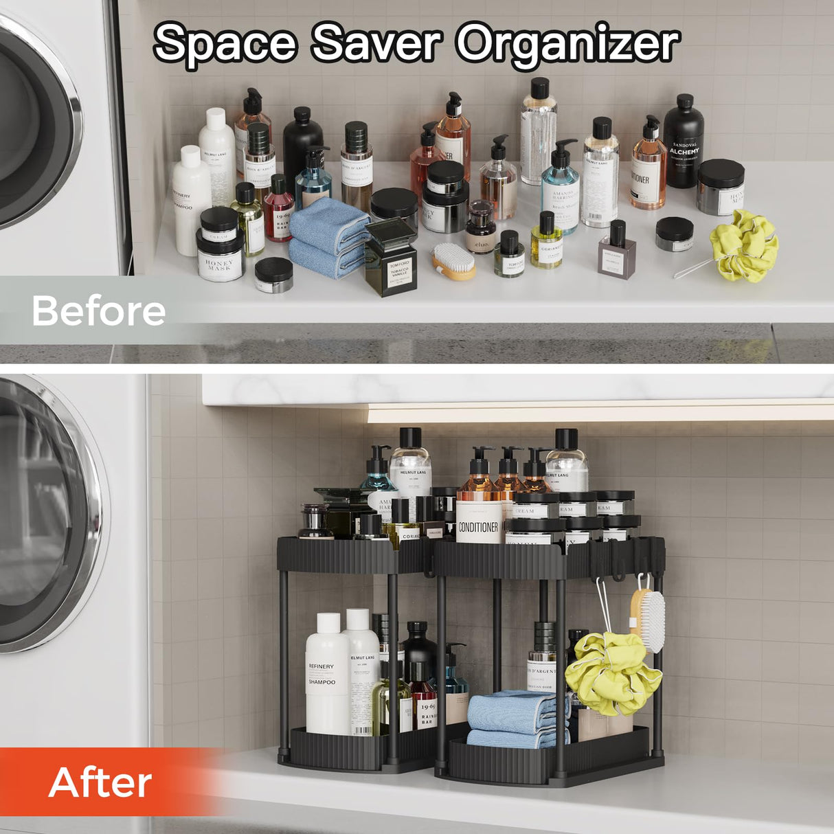 Multi-Purpose Pull-Out Storage Organizers, Under Sink/Cabinet Organizers and Storage for Bathroom & Kitchen, Black, 12.8 Inches, 2 Packs