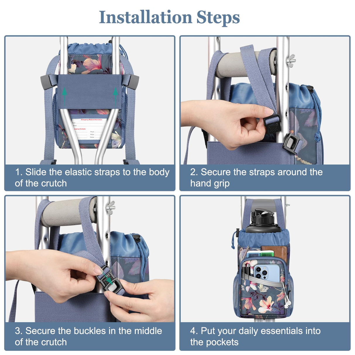 FINPAC Crutch Accessories Bag, Water-Resistant Storage Organizer Tote Bag with Drink Holder and Zipper Pouch for Crutches, Underarm Crutches Attachment (Blooming Hibiscus)