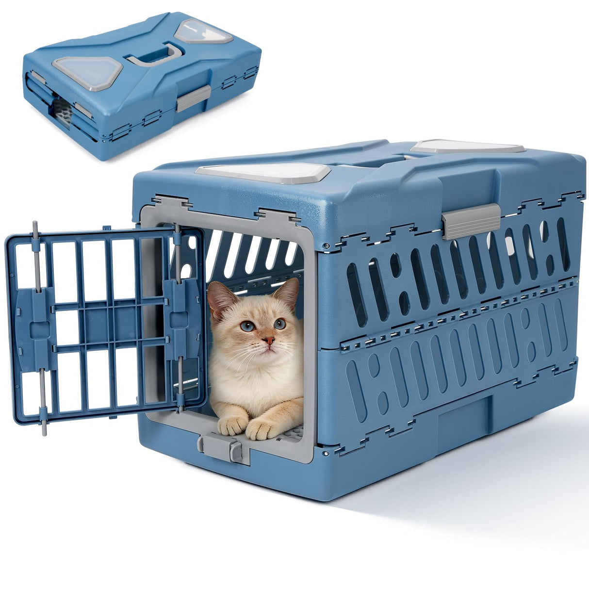 Pet Carrier for Cats & Small Dogs, Foldable & Durable Hard Cat Carrier Plastic, 2-Door 360° Ventilation Clear Top Pet Travel Kennel Crate for Longer Traveling Upto 22Lbs (22.0" L x 13.0" W x 14.6" H)