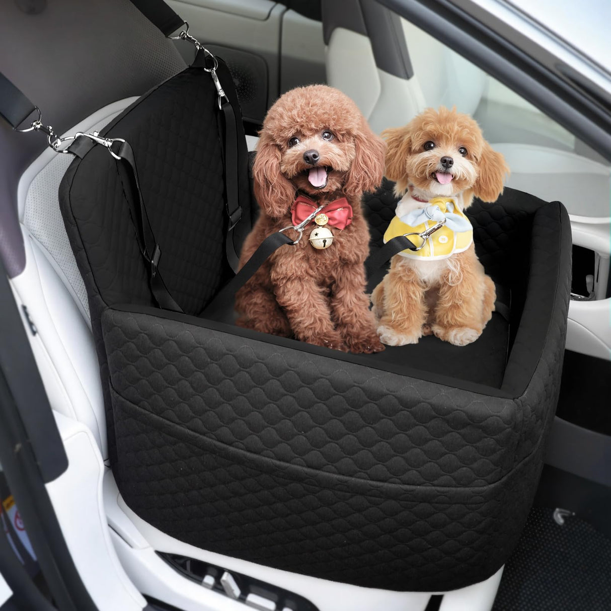 Petcozife Dog Car Seat for Small & Medium Dogs Under 35lbs, Detachable & Washable Pet Car Seat, Interior Height 6 Inches Pet Travel Bed with Storage Pockets and 2 Dog Safety Belts (Black)