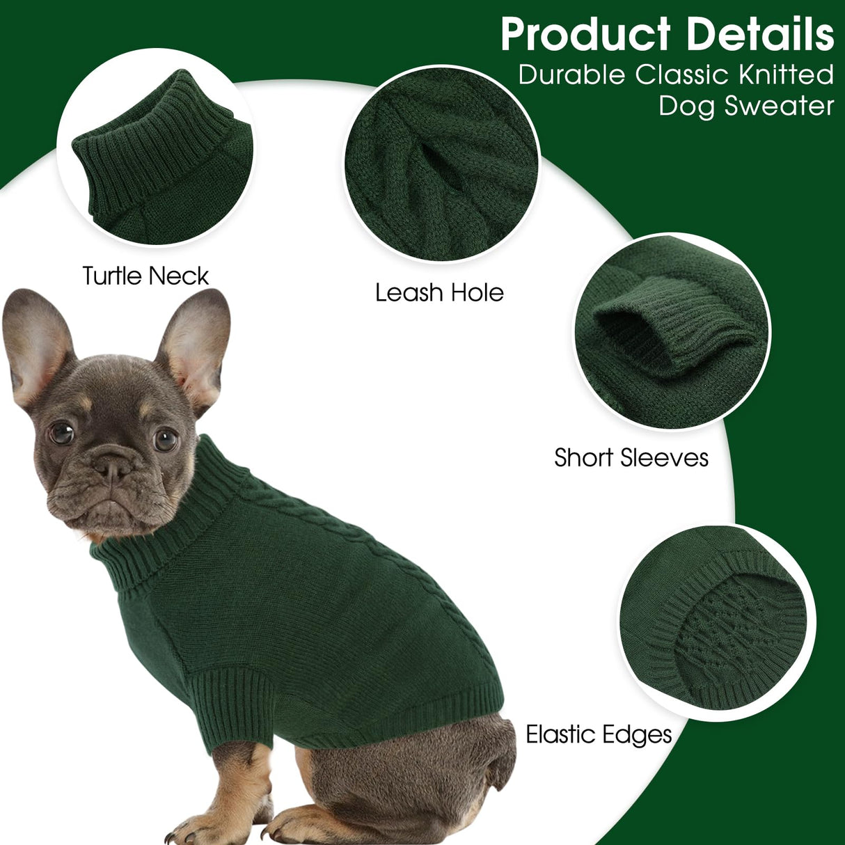 Dog Sweaters for Large Dogs Classic Turtleneck Dog Christmas Sweater Thick Warm Pullover Male Puppy Pet Stretch Knitwear Fall Winter Clothes with Leash Hole(Green, 2XL)