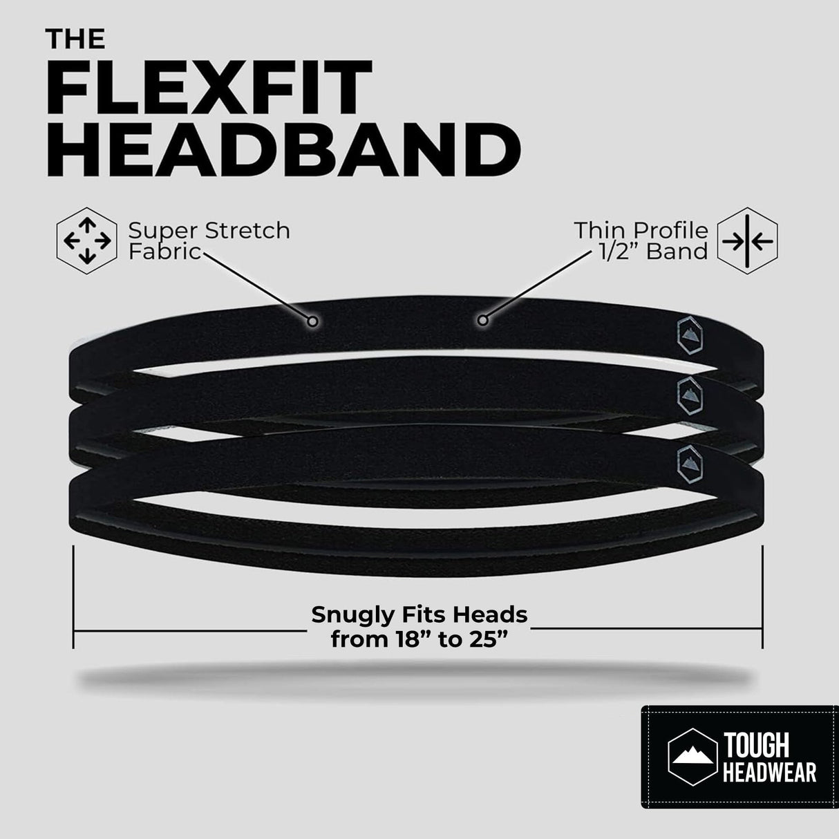 Tough Headwear Thin Elastic Headbands for Men - Sports Hair Head Band for Women & Men - Non Slip Mens Workout Headband - Running or Soccer Headband - 6-Pack