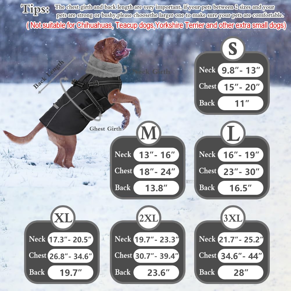Doglay 2 in 1 Dog Coat with Harness Built-in, Waterproof Dog Winter Jacket with Pocket & Poop Bags, Reflective Adjustable Pet Winter Coat for Small, Medium, Large Dogs - Black, 3XL