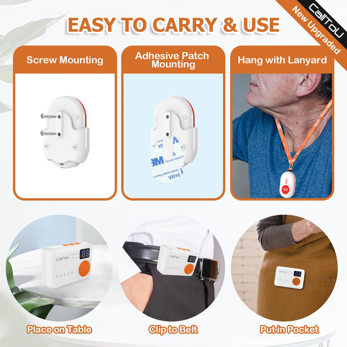 CallToU Caregiver Pager Wireless Call Button Call Bell Vibration Nurse Call System 1000FT with Digital Display Low Power Reminder for Elderly Monitoring/Patient/Disabled/Home/Office