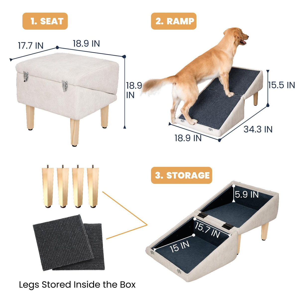 3-in-1 Dog Ramp with Storage – Pet Stairs for Dogs & Cats, Easy on Joints for Senior & Injured Pets, Hidden Storage Footstool, Anti-Slip, Supports 220 lbs, 18" High for Beds & Sofas