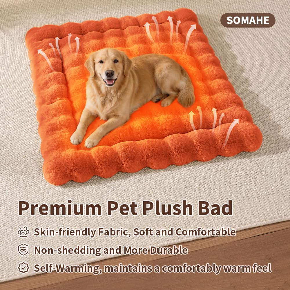 SOMAHE Self-Warming Dog Bed, Plush Faux Fur Mat with Anti-Slip Bottom, Ultra Soft Heated Pet Bed for Medium Large Dogs, Cozy Fluffy Pad for Carriers Couch Crate, Machine Washable, 35 x 27 Inch Orange