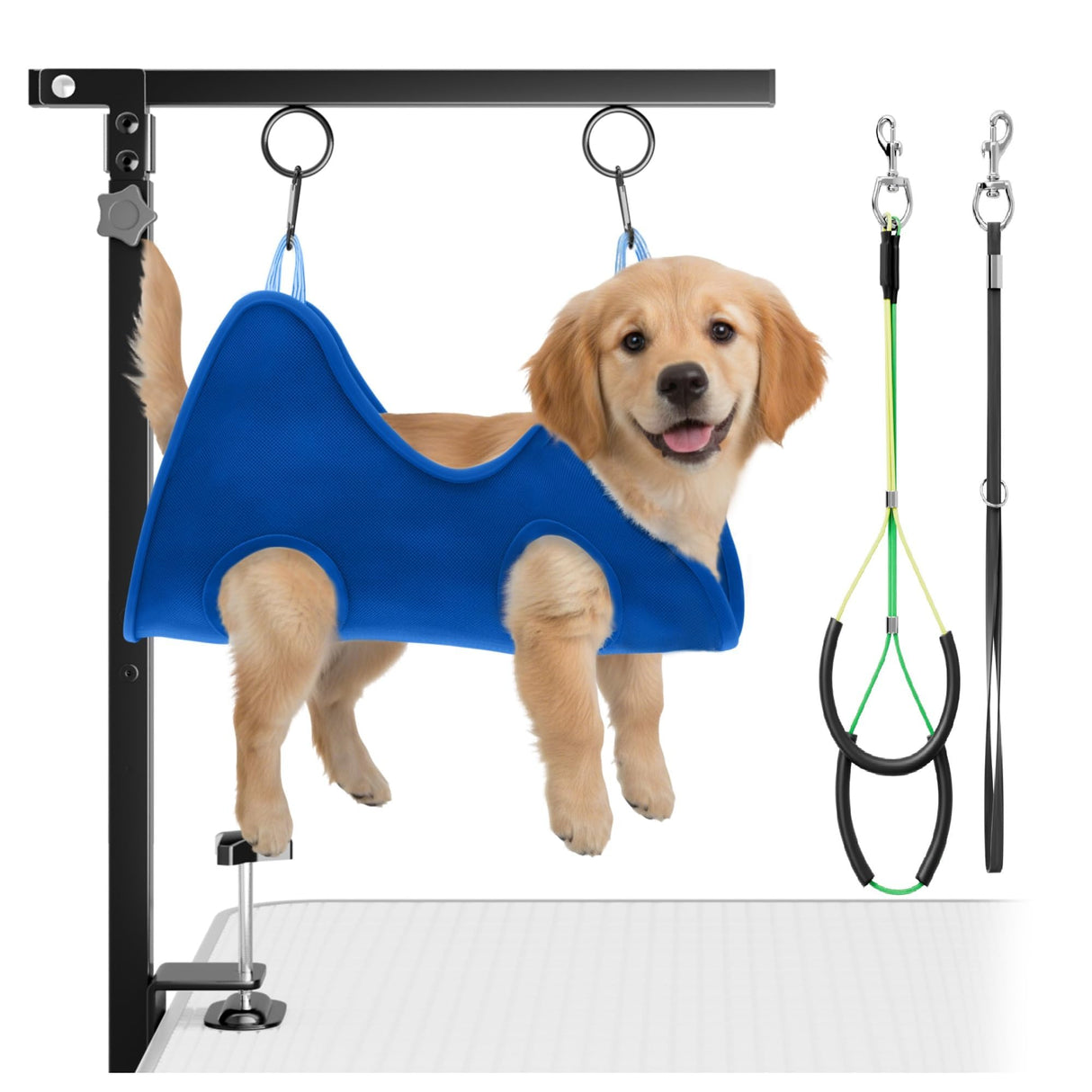 Adjustable Foldable Dog Grooming Arm with Clamp, 26–40 in Height, Safety Hammock & No-Sit Holders, Grooming Restraint for Small & Medium Dogs