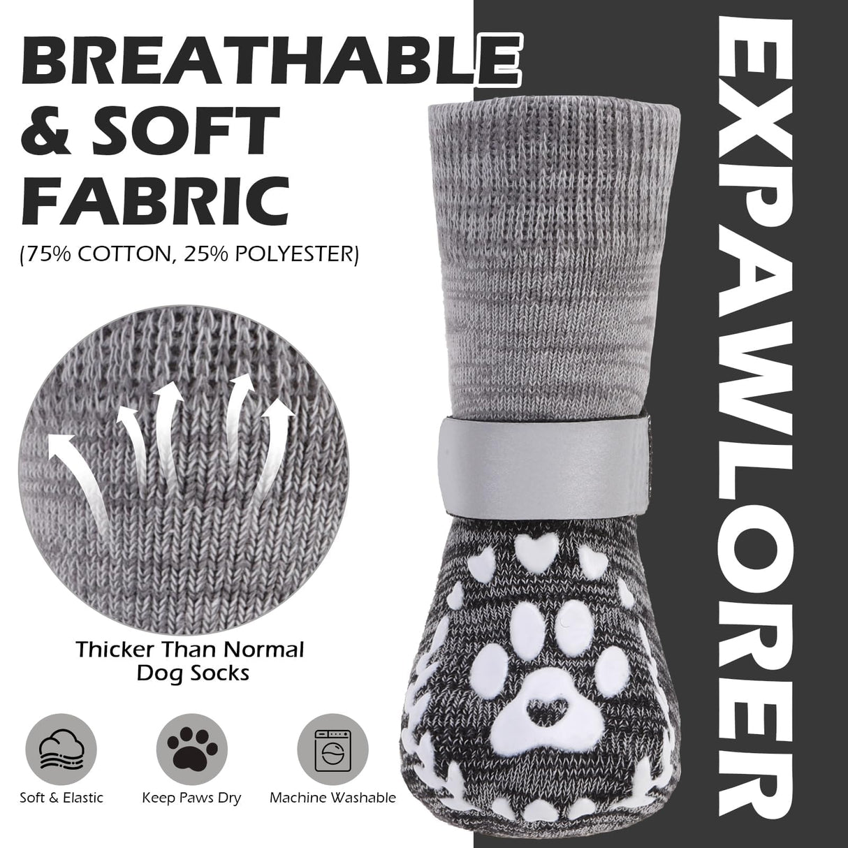 EXPAWLORER Dog Socks to prevent Licking and Slipping, Winter Dog Shoes for Cold Weather Snow, Paw Protectors for Hardwood Floors Anti-Slip, Dog Booties for Small Medium Large Senior Dogs,Black Grey XL