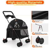 Foldable Pet Stroller for Small/Medium Dogs & Cats up to 22 lbs - Lightweight 4-Wheel Design with Sun Canopy, Storage Basket & Breathable Mesh Windows（Black