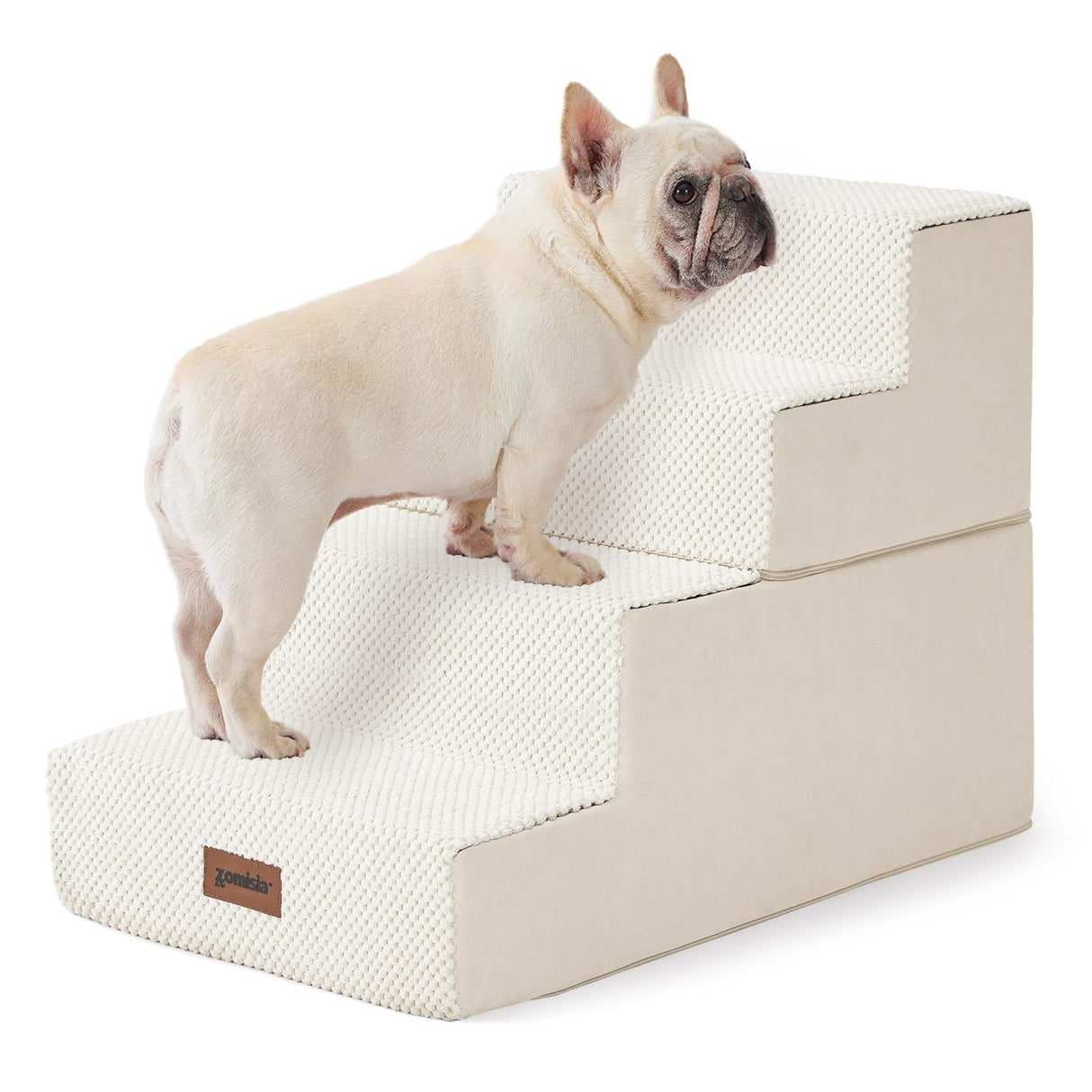 ZOMISIA Dog Stairs for Small Dogs - Pet Stairs 2 in 1 with Zippers Suitable for Couch and Bed, 35D Foam Dog Steps with Non Slip Bottom Grey 4 Steps, Beige