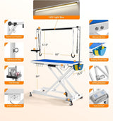 POLIMO LED Professional Electric Dog Grooming Table - 50" Heavy Duty Dog Grooming Station with LED, Button & Foot Control, Grooming Arm, Leveling Wheels, Anti-Slip Top & Tool Organizer (50", White)