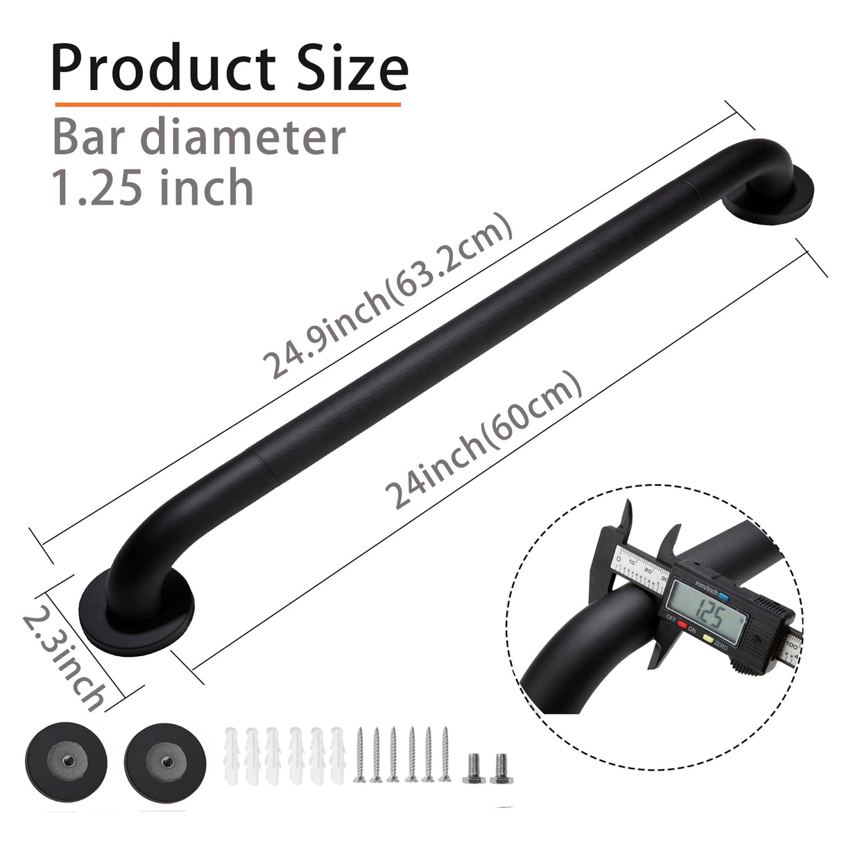 Rackickyer Shower Grab Bar, 2 Pack 24 Inch Black Bathroom Grab Bar, 1.25" Diameter 304 Stainless Steel Anti-Slip Grab Bars for Bathtubs and Showers, Handicap Shower Grab Bar for Seniors Elderly