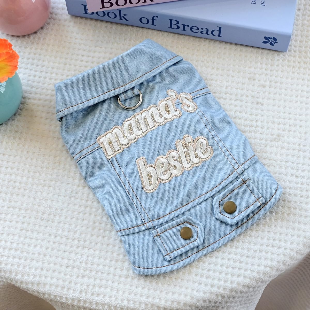 PalmPurr Light Blue Denim Dog Vest for Small Dogs & Cats, “Mama’s Bestie” Embroidered Jean Jacket with D-Ring, Soft Lightweight Pet Outfit for Walks, Parties & Daily Wear(L)