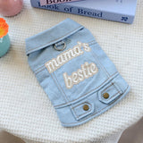 PalmPurr Light Blue Denim Dog Vest for Small Dogs & Cats, “Mama’s Bestie” Embroidered Jean Jacket with D-Ring, Soft Lightweight Pet Outfit for Walks, Parties & Daily Wear(L)