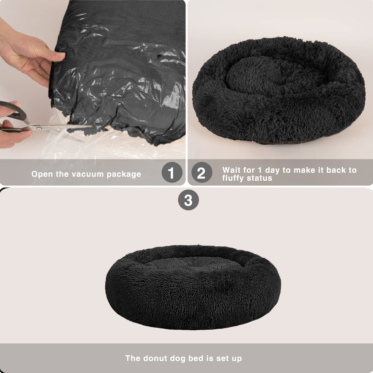 MFOX Calming Dog Bed for Large Dogs - Donut Washable Large Pet Bed, 36 inches Anti-Slip Round Fluffy Plush Faux Fur Dog Bed, Fits up to 75 lbs Pets, Black
