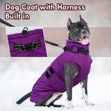 IKIPUKO Large Dog Jacket, Waterproof Winter Coat with Harness Built in, Reflective Adjustable Hook&Loop Dog Snowsuit Cold Weather, Warm Snow Coat for Dogs French Bulldog, L Purple