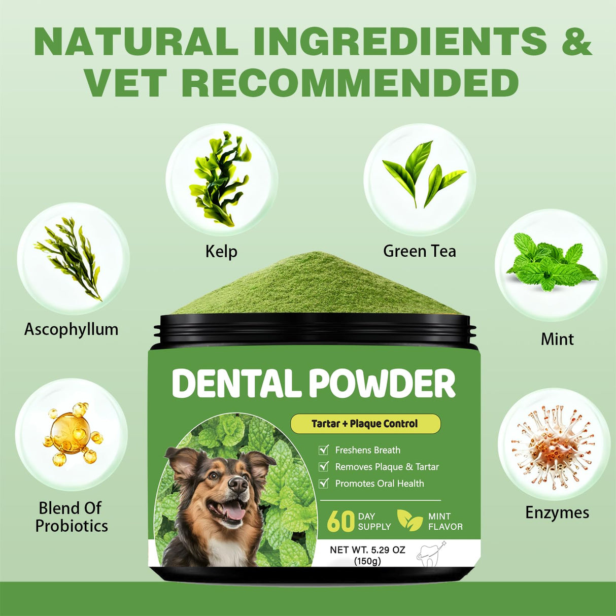 Dog Dental Powder, Teeth Cleaning Powder for Dogs, Plaque & Tartar Remover for Pet Oral Care - Fresh Breath & Teeth Cleaning Made Easy - Natural Herbal Blend + Probiotics - 75 Servings(150g) (Mint)