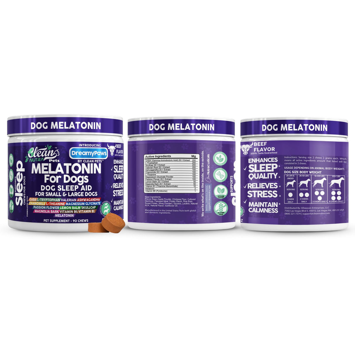 Dreamy Paws Melatonin for Dogs Dog Calming Sleep Supplement - Melatonin GABA Tryptophan Valerian Magnolia Bark Passion Flower Magnesium Ashwagandha Restful Sleep 90 Chews Beef Flavor by Clean Pets