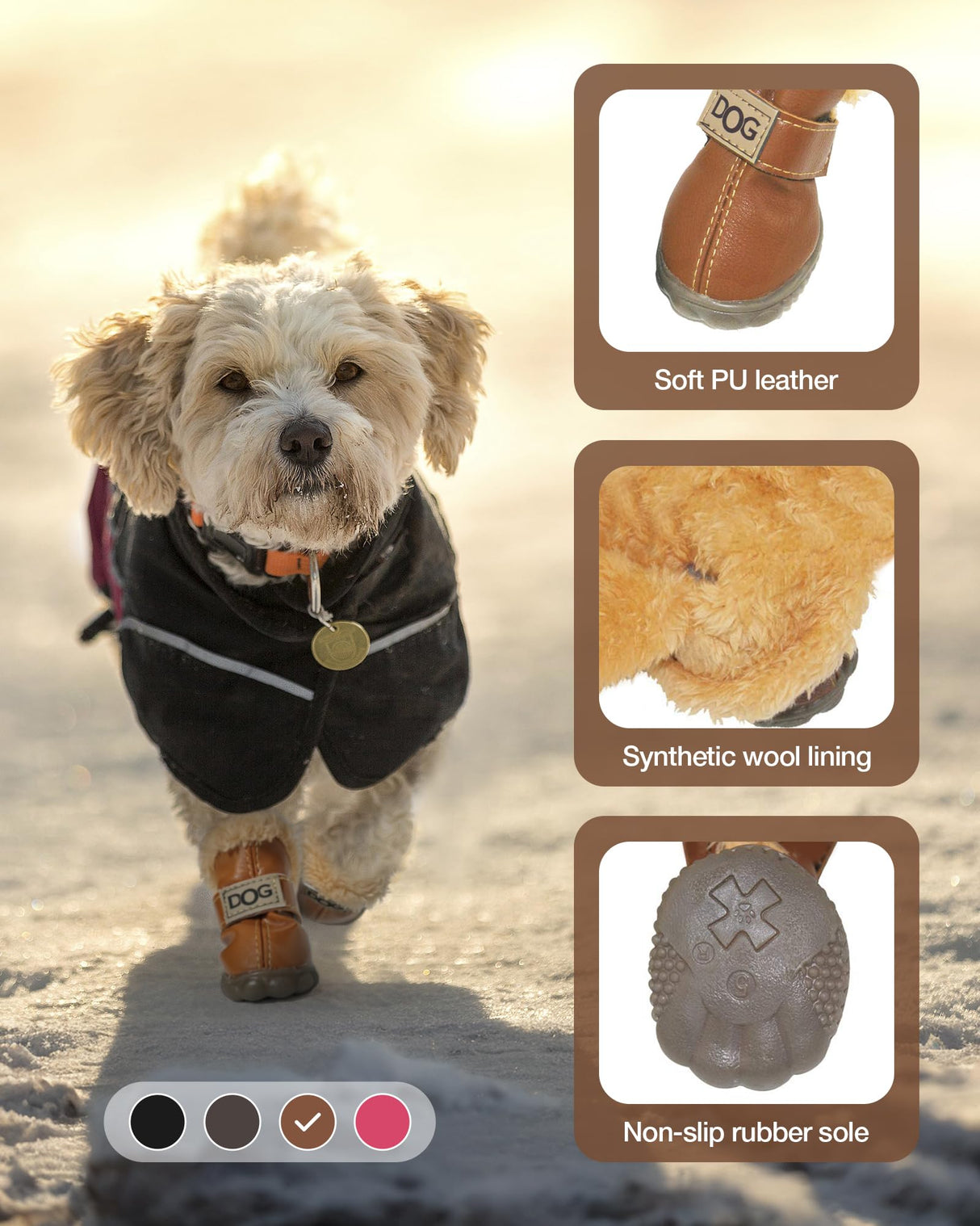 Winter Dog Boots & Paw Protectors: Outdoor Anti-Slip Dog Snow Shoes, Dog Booties Provide Warmth to Dogs Paws from Ice and Snow, Rubber Sole PU Leather Faux Fleece-Lined, Light Brown Dog Shoes Size 2
