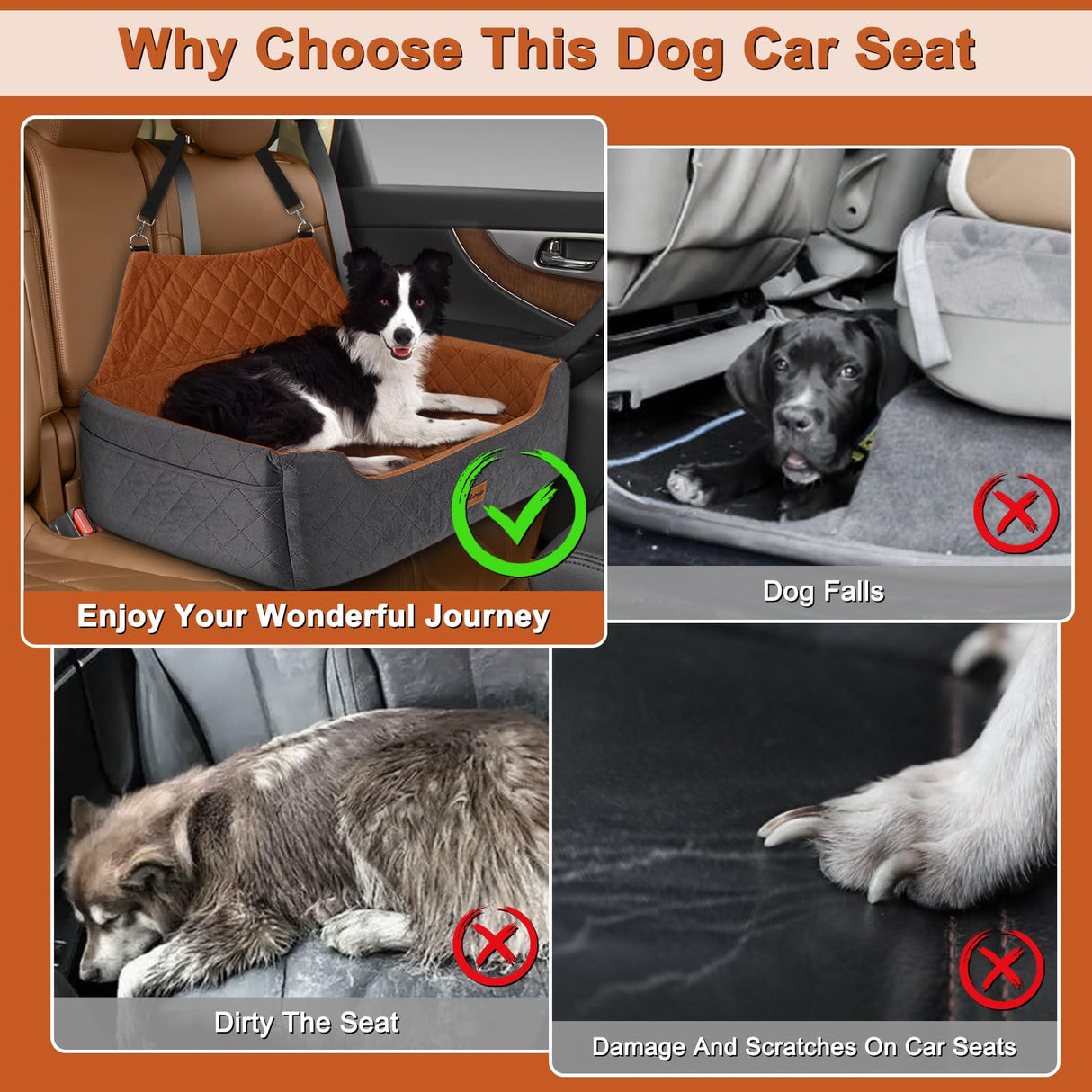 Large Dog Car Seat for Medium/Large Dog Under 55 lbs - Elevated Booster Car Seat for 2 Small Dogs,Removable and Washable,Filling Memory Foam with Safety Leashs and 2 Pockets