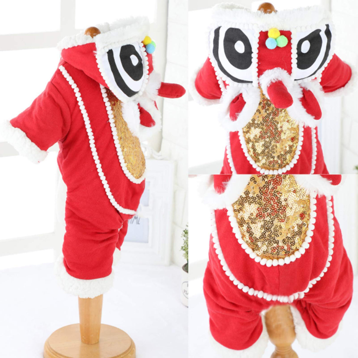 SEIS Lion Dance Dog Four-Legged Costume New Year Pet Clothes Cute Cat Tang Suit Winter Teddy Hoodies for Cats Teddy Bichon Small Medium Dogs (S (Chest Circumference 48cm/ 18.9"))