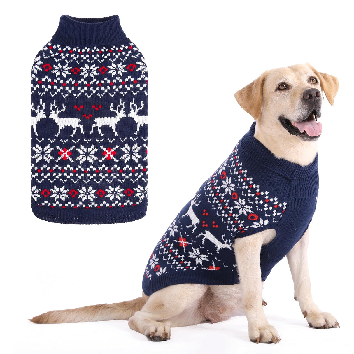 KOOLTAIL Christmas Dog Sweater, Cold Weather Pullover Classic Knitwear, Reindeer Snowflake Pattern Thick Warm Winter Pet Clothes,Cable Knit Sweaters for Small Medium Large Dogs Boy Girl,Navy Blue L/XL