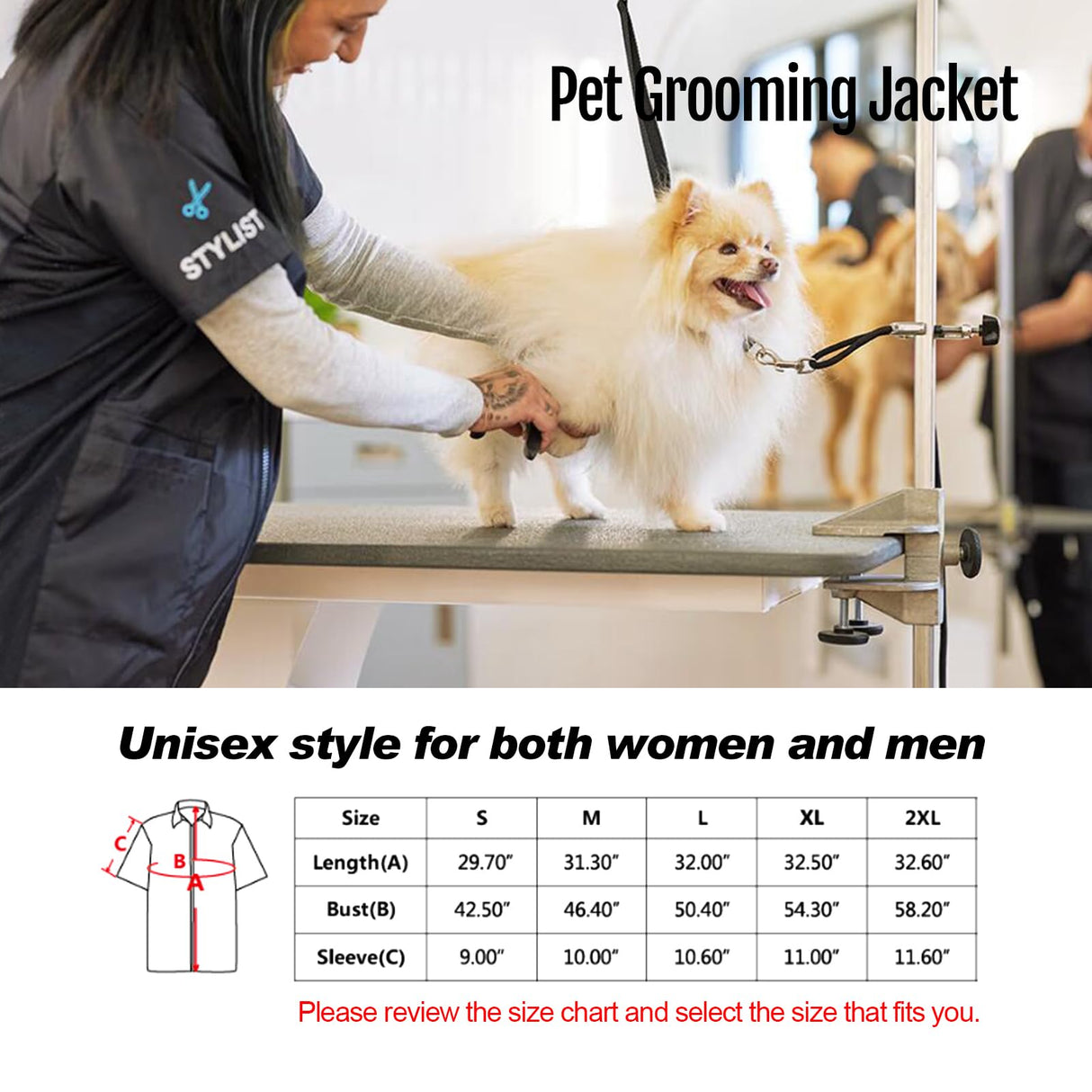 Ussunarts Custom Dog Print Grooming Smock for Pet Groomers – Waterproof Zip Jacket Uniform for Dog Salon Use or Pet Lovers