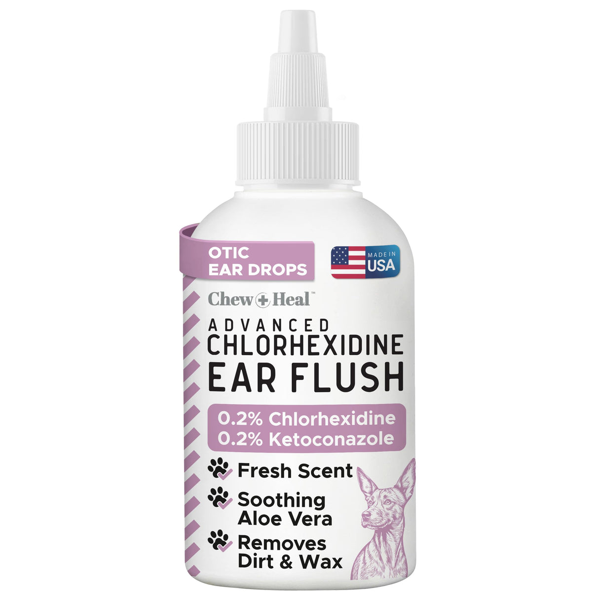 Chew + Heal Labs Dog Ear Cleaner - Medicated Dog Ear Buildup Drops for Dirt and Wax - 12 oz Advanced Flush with Chlorohexidine and Ketoconazole - Made in The USA