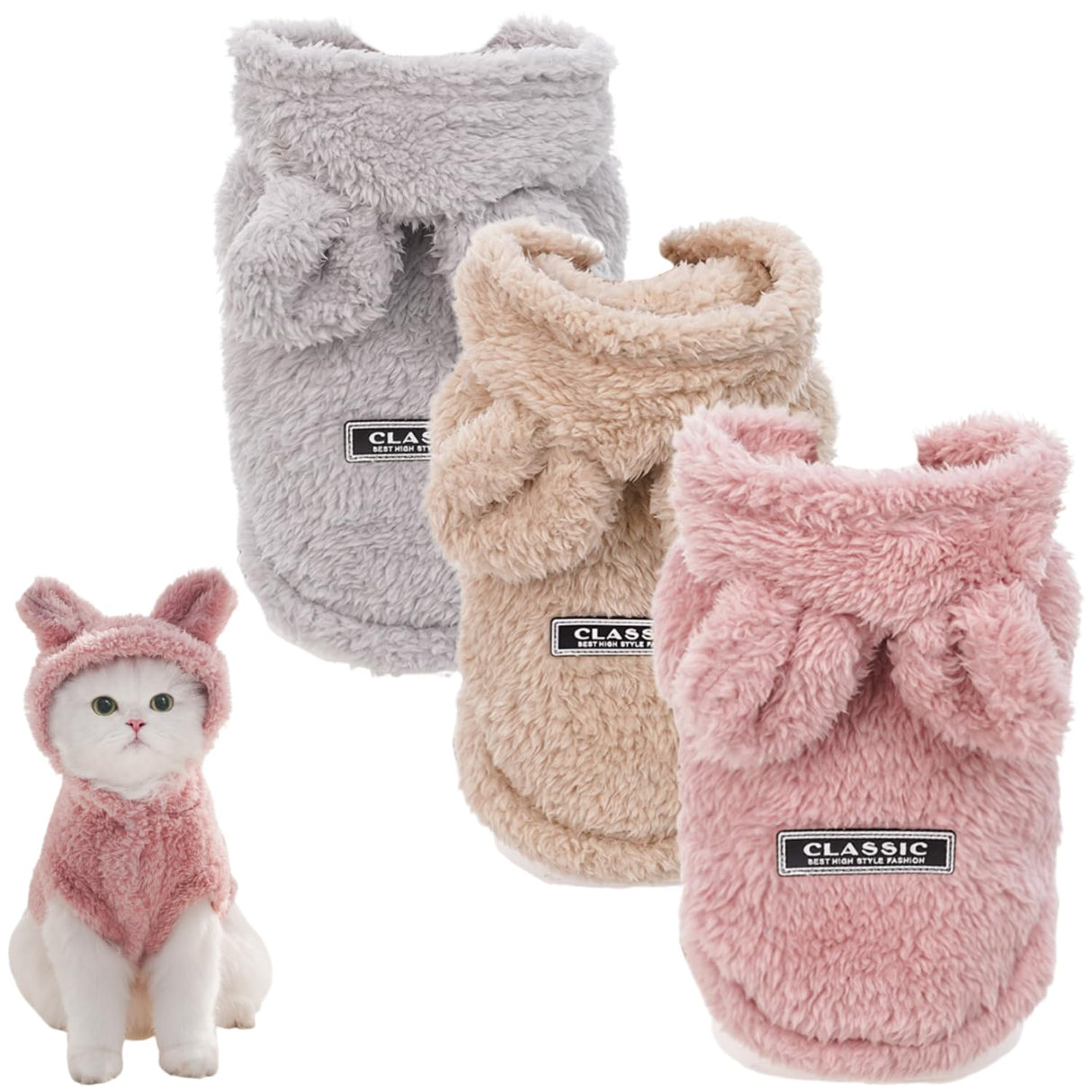 PayaSnug 3PCS Dog Hoodie with Bunny Ears, Plush Fleece Winter Pet Sweater with D-Ring, Warm Pet Coat for Small Dogs and Cat, Puppy Winter Clothes for Chihuahua, French Bulldogs, Yorkie(3PCS A, XXL)