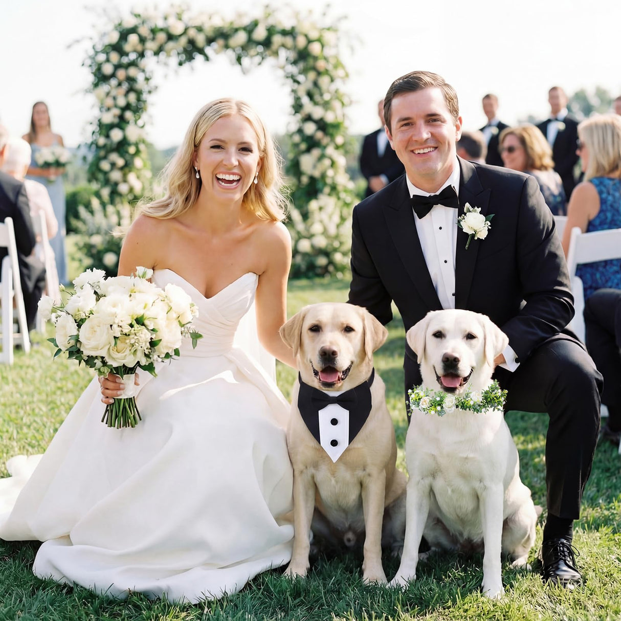 Huhumy 2 Pcs Dog Wedding Suits, Tuxedo and Flower Collar, Bow Tie Adjustable Formal Suit Costume Elegant Dog Flower Headband for Small to Medium Dogs Wedding Engagement Birthday Outfit Pet Photo Prop