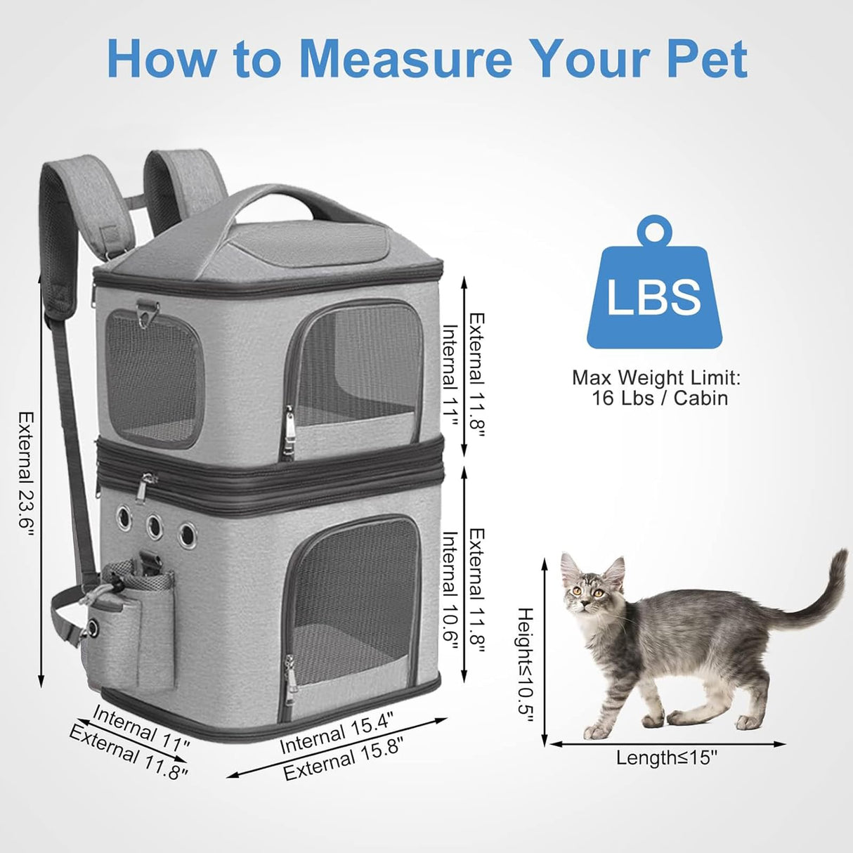 HOVONO Detachable Double Pet Carrier Backpack for Cats and Small Dogs, Cat Travel Carrier for 2 Cats, Perfect for Traveling/Hiking/Camping, Grey