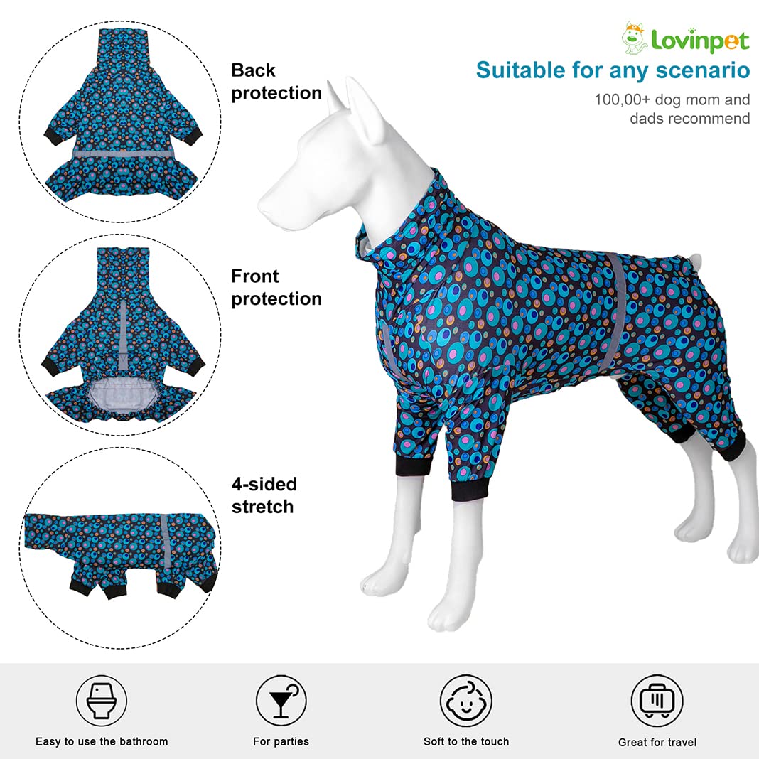 LovinPet PJS Dog Jumpsuit, Wound Care/Surgical Recovery Dog Pajamas, Anxiety Relief Shirt, Pitbull Clothes, Pajamas for Pitbulls, Reflective Stripe Green Bubble Print, Green, M