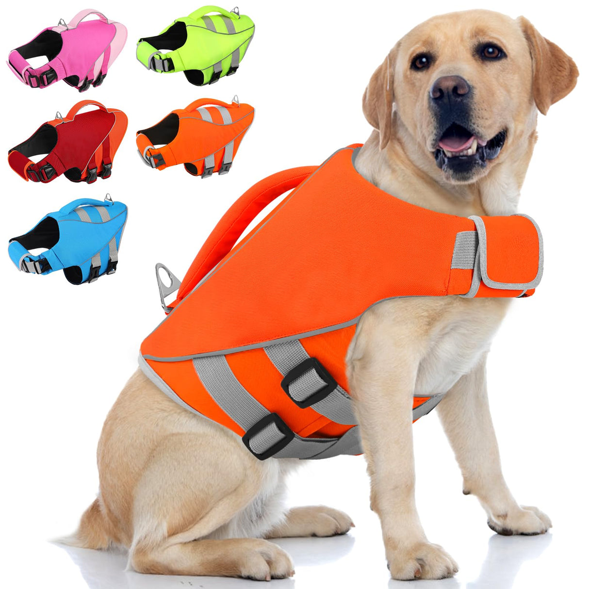Queenmore XL Dog Life Jacket, Large Dog Life Vest for Swimming Boating, Giant Big Dog Swim Vest, Ripstop Pet Life Vests with Rescue Handle Leash Hole, Safety Water Floating Vest, Hi-Vis Orange